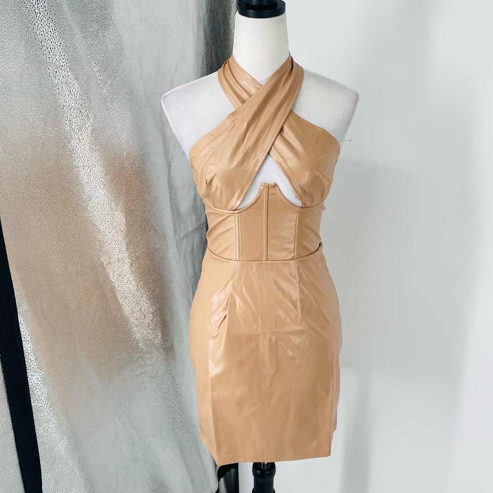 Nude Vegan Leather Faux Leather Sleeveless Halter Neck Bodycon Mini Dress - Picture 7 of 17